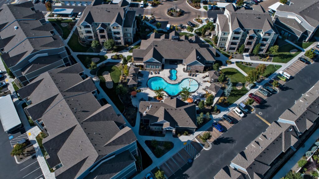 apartment complex with pool from above